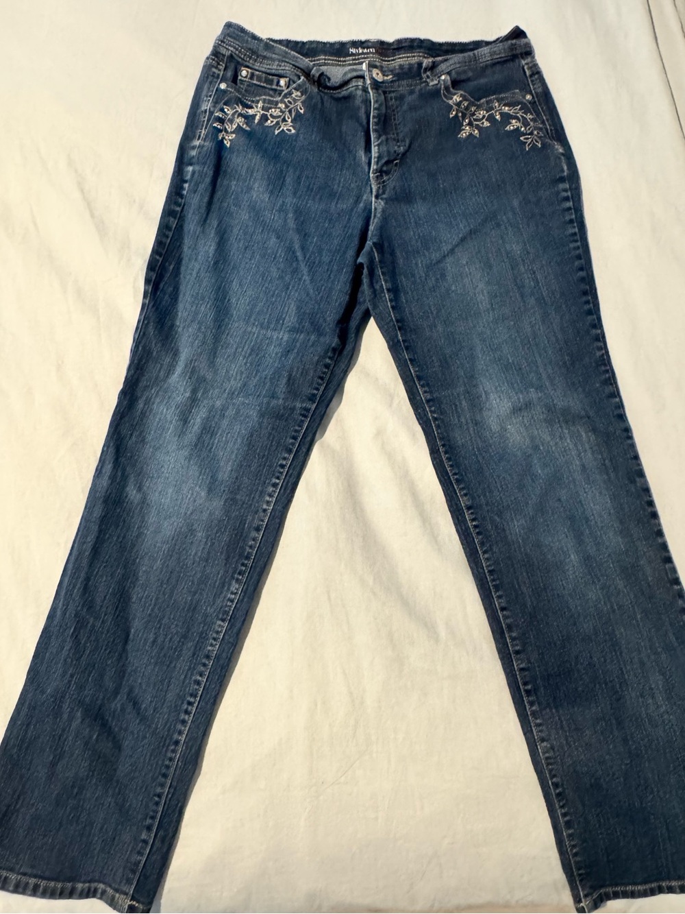 Style & Co. Blue Straight Leg Jeans with Front Floral Embroidery